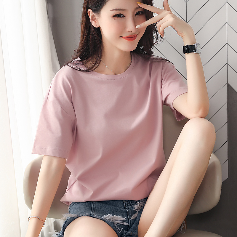 Fat woman cover belly show thin shirt Western style large size women's clothing Fat mm loose cotton pink short-sleeved T-shirt women's half sleeve