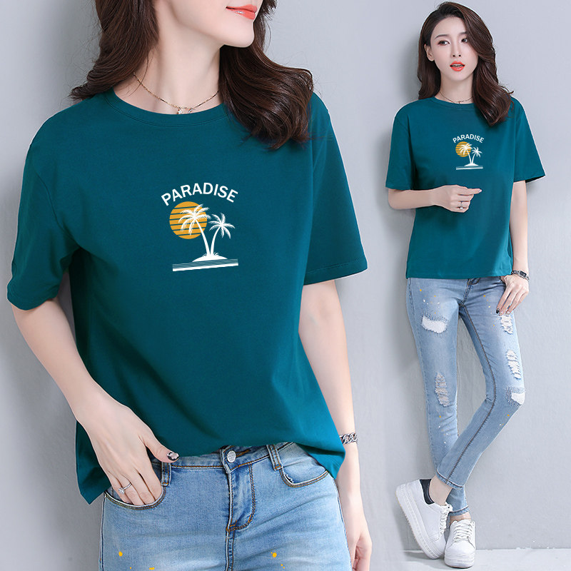 Blue T-shirt Woman Summer Short Sleeve Pure Cotton Loose Print Brief casual Korean version large size Slim Half Sleeve Blouse Tide
