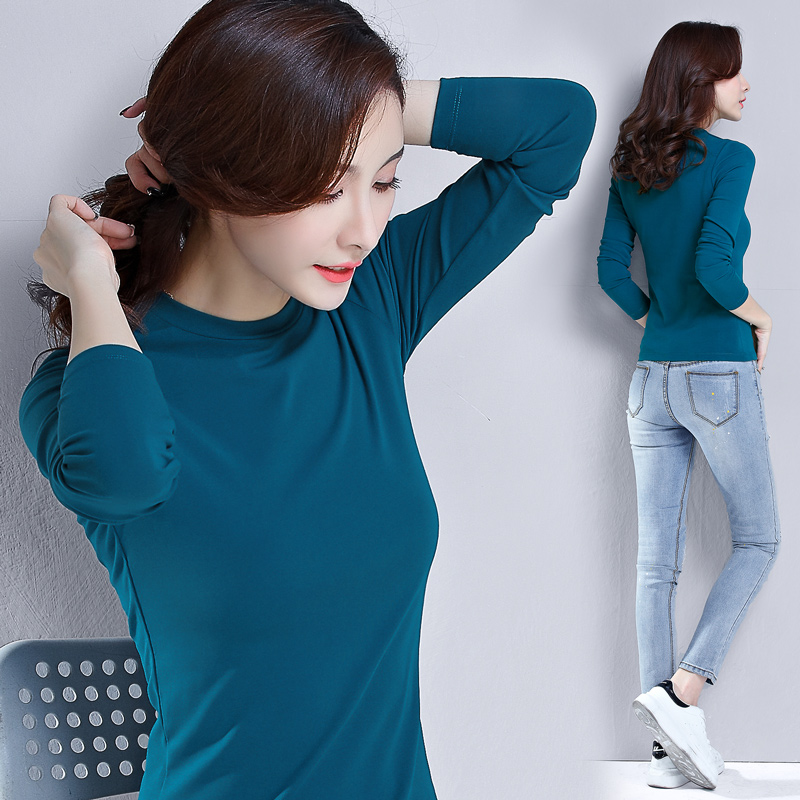 Peacock blue round neck semi-high neck base shirt with large size long-sleeved T-shirt women's 2021 new spring blood short section
