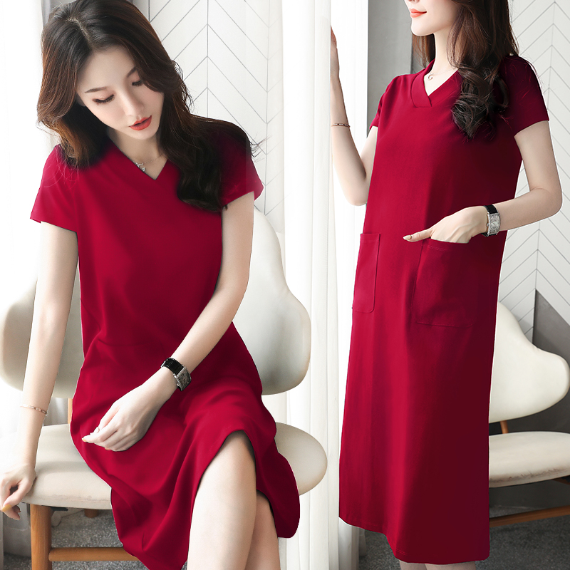 Red Temperament Ocean Dress Spring Summer Goddess Van Dress V Collar Large Size Weight Slim Fit Slim Fit Slim Short Sleeve Long Version Skirt