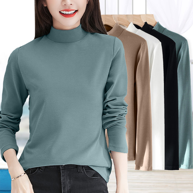 Pure cotton neutral half turtleneck bottoming shirt for women, autumn and winter long-sleeved T-shirt, thickened autumn top for middle-aged and elderly mothers