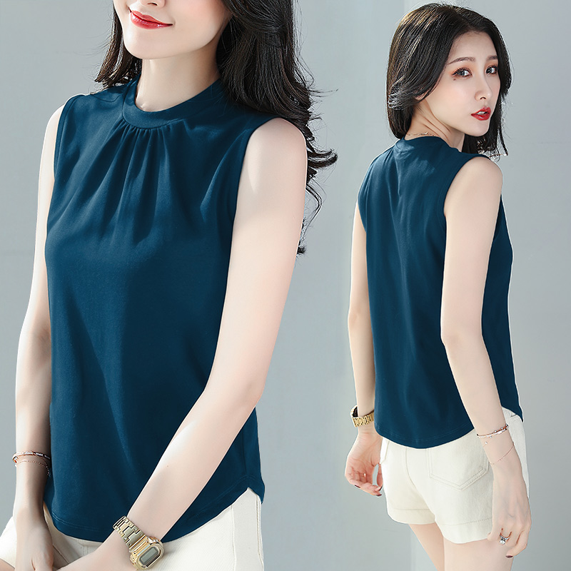 Dark blue small high collar sleeveless jacket female summer outside wearing inner hitch slim and irregular hem without sleeveless vest damp