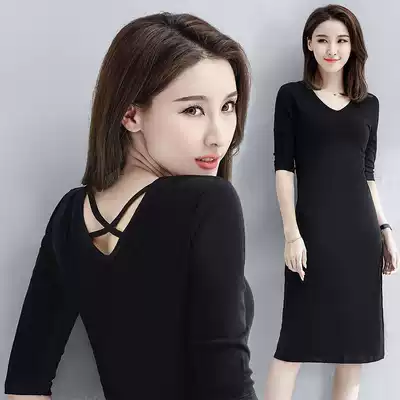 2021 summer new black dress five-point sleeve female slim temperament thin sexy bottoming skirt medium and long version