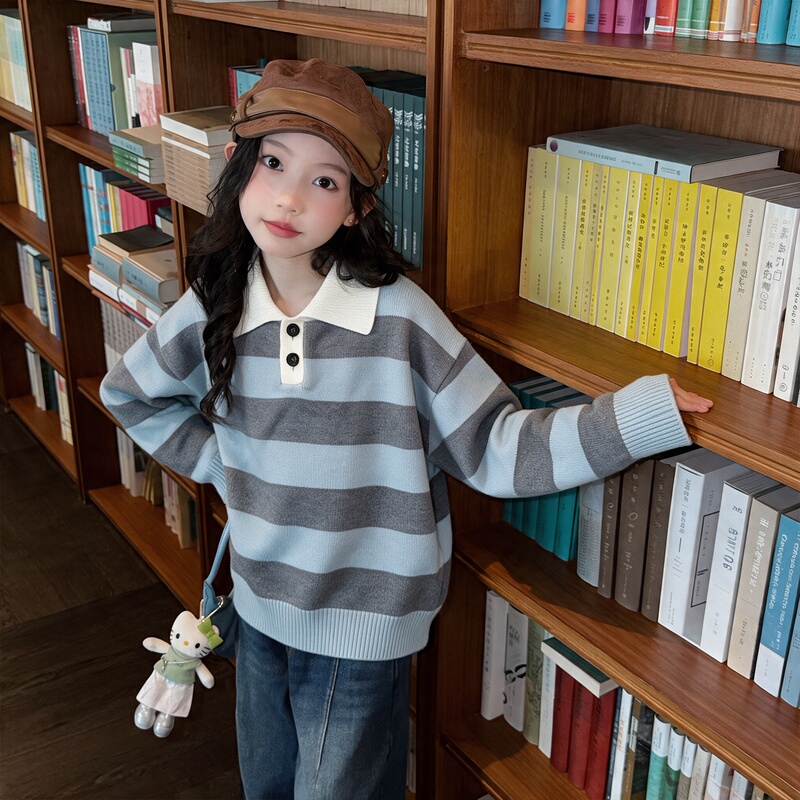 Girls' Sweater Winter 2026 New Stylish Children's Polo Shirt Striped Thickened Base Shirt for Middle School Students