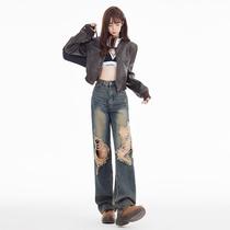 American retro ripped jeans for women spring and summer art student style high street vibe style wide leg jeans for women spring and summer