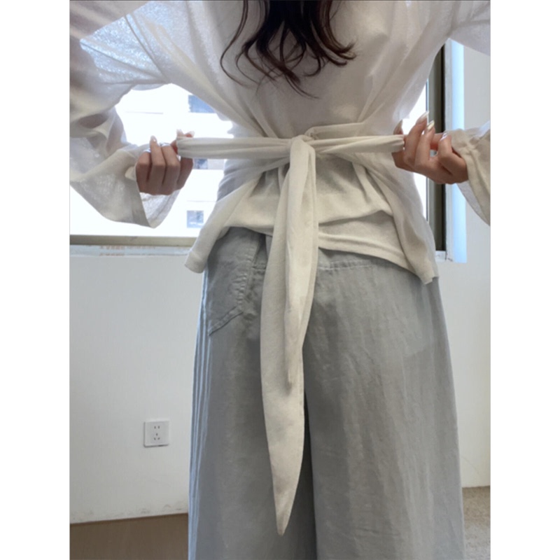 White Long-Sleeve T-Shirt with Back Tie Design for Women, Spring/Summer Thin Style, Cinched Waist with Tie, Slimming Top