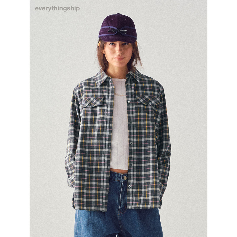 Everythingship Plaid Brushed Cotton Vintage Workwear Patch Pocket Long-Sleeve Shirt Dark Green Everythingship Plaid Brushed Cotton Vintage Workwear Patch Pocket Long-Sleeve Shirt Dark Green