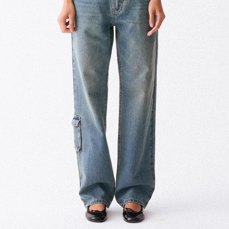 Everythingship Pilot Jeans Retro Washed Distressed Straight-Leg Workwear Jeans Blue
