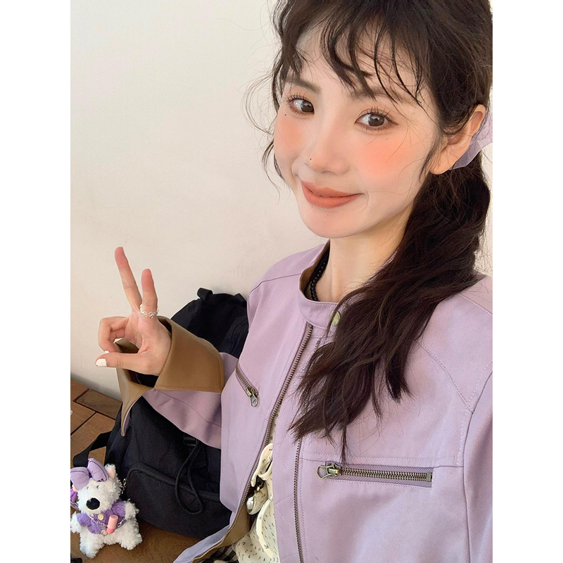 Taro Purple Short Pu Leather Jacket for Women, Spring and Autumn 2024 New Style, High-End Chanel-Style Biker Jacket