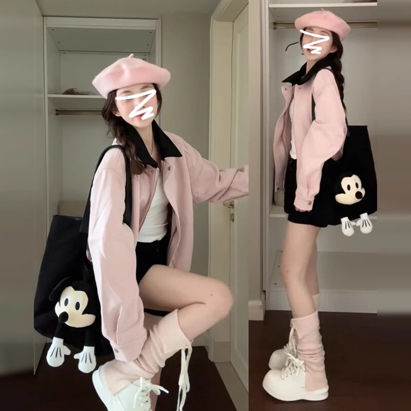 American-Style Pink Suede Jacket for Women, Spring and Autumn 2024 New High-End Workwear Baseball Jacket Pilot Jacket