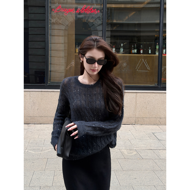 Maven Lin Shiny Cable-Knit Design Sequin Long-Sleeve Knit Top for Women, Elegant Loose Round-Neck Blouse Top Maven Lin Shiny Cable-Knit Design Sequin Long-Sleeve Knit Top for Women, Elegant Loose Round-Neck Blouse Top
