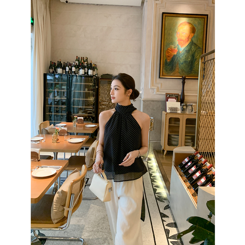 Maven Lin Retro Light Date Style Black Polka Dot Halter Neck Sleeveless Shirt for Women with High Collar Design and Ribbon Top
