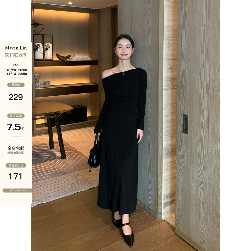 Maven Lin Black Elegant One-Shoulder Dress for Women, Autumn and Winter Long-Sleeve Asymmetrical Shoulder Design Base Dress Maven Lin Black Elegant One-Shoulder Dress for Women, Autumn and Winter Long-Sleeve Asymmetrical Shoulder Design Base Dress