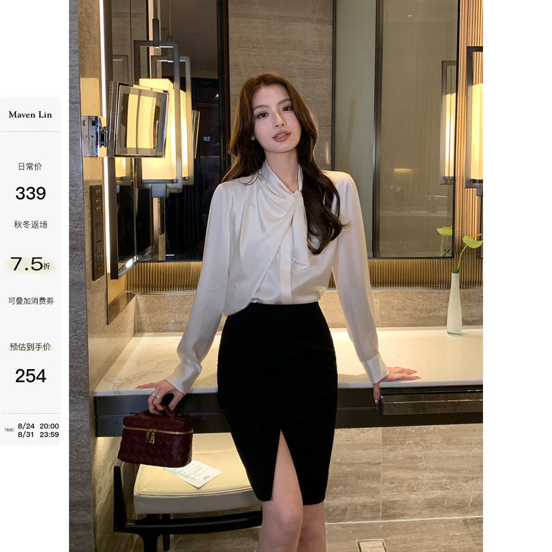 Maven Lin's Elegant Aura | Light Luxury Satin Shirt for Women with Design Ribbon Bow Long-Sleeved Shirt Maven Lin's Elegant Aura | Light Luxury Satin Shirt for Women with Design Ribbon Bow Long-Sleeved Shirt