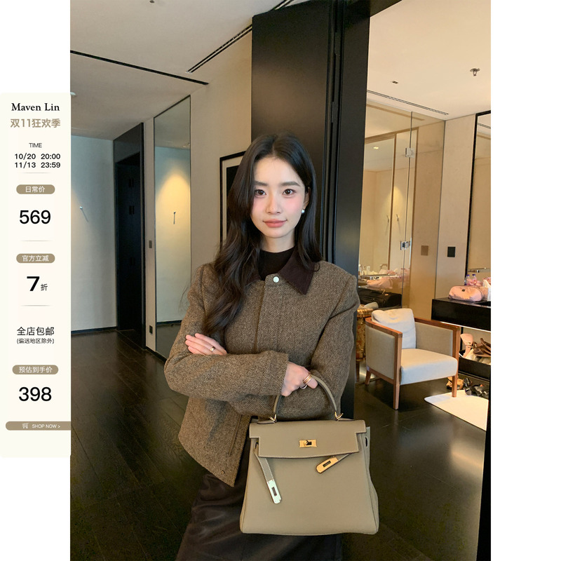 Maven Lin Australian Sheep Texture Short Woolen Jacket for Women, Quilted Autumn and Winter Color-Blocked Corduroy Wool Jacket
