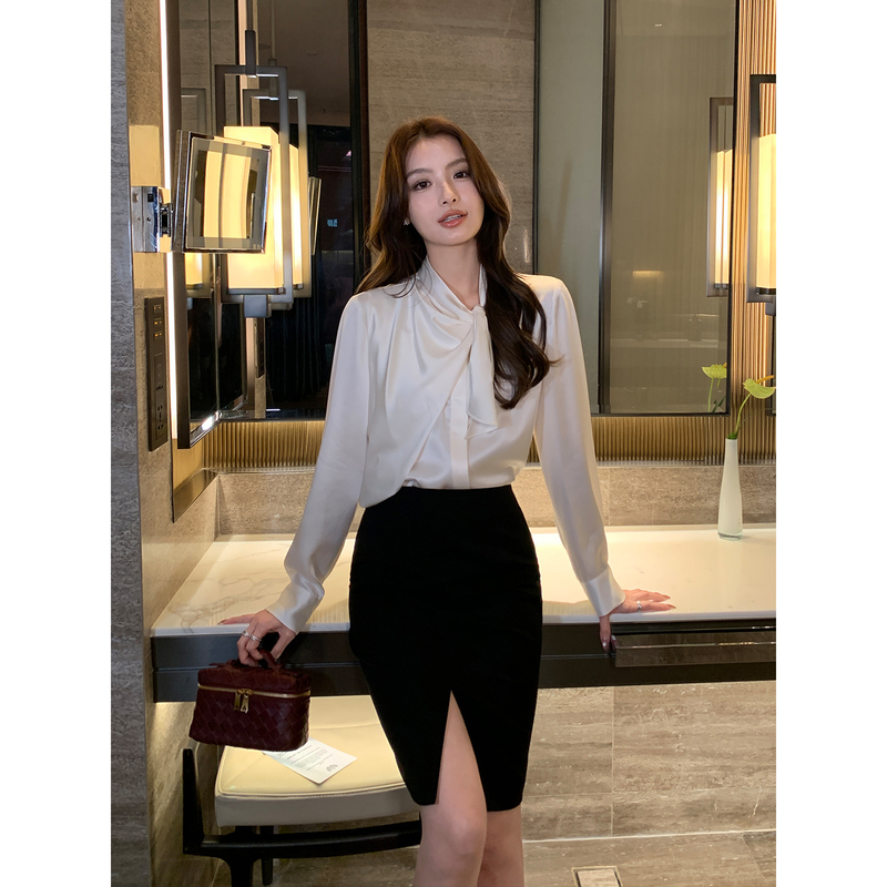 Maven Lin's Elegant Aura | Light Luxury Satin Shirt for Women with Design Ribbon Bow Long-Sleeved Shirt