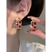Internet celebrity retro fashion red rose earrings elegant earrings versatile design diamond earrings light luxury earrings