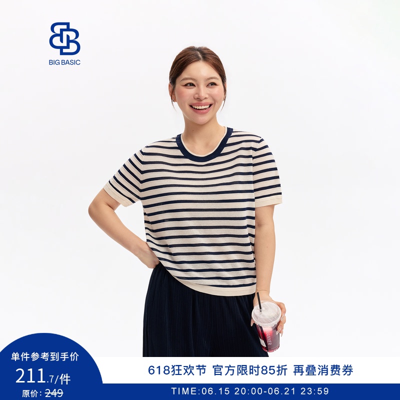 Big Basic Plus Size Striped T-Shirt for Women, Short-Sleeved, Summer Thin Style, Slightly Chubby Mm, Loose Fit, Slimming, Linen Knit T-Shirt Big Basic Plus Size Striped T-Shirt for Women, Short-Sleeved, Summer Thin Style, Slightly Chubby Mm, Loose Fit, Slimming, Linen Knit T-Shirt