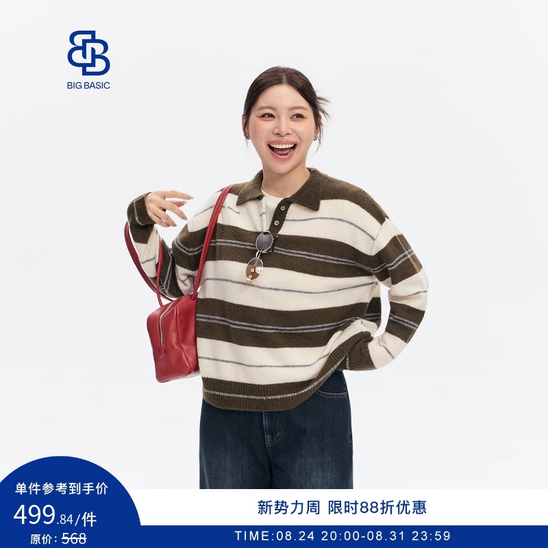Big Basic Silk Cashmere Plus Size Striped Sweater for Women, Loose Fit, Slimming, Polo Collar Wool Knitwear Big Basic Silk Cashmere Plus Size Striped Sweater for Women, Loose Fit, Slimming, Polo Collar Wool Knitwear
