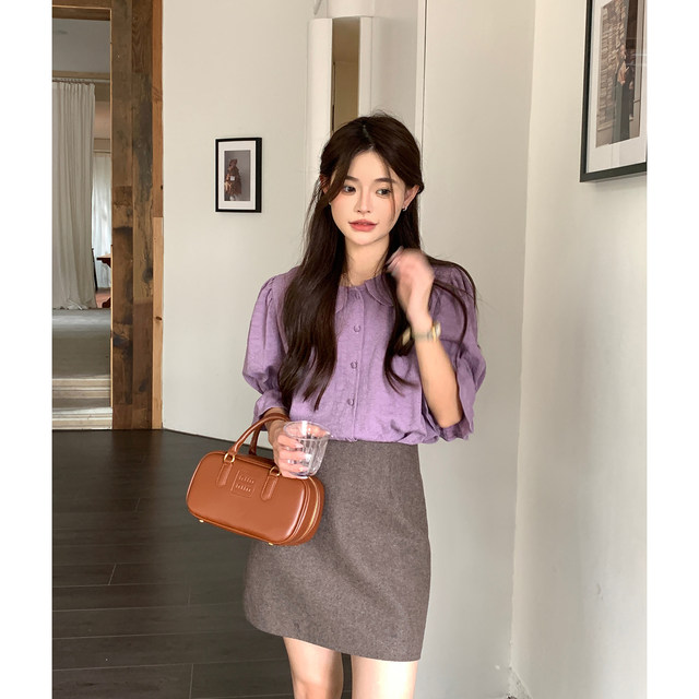 ພັດລົມ Wenwen taro mashed potato puff sleeve doll collar shirt women's spring French sweet purple-sleeve short-sleeve