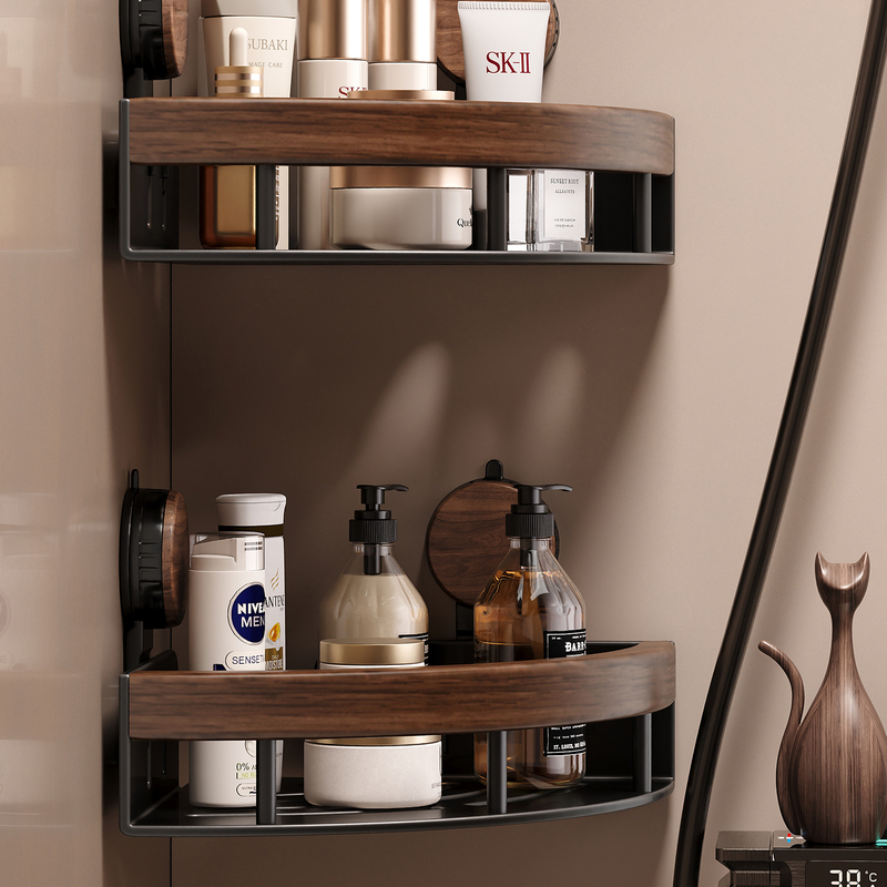 Walnut Bathroom Suction Cup Triangular Shelf, No-Drill Bathroom Shower Room Washbasin Corner Storage Rack