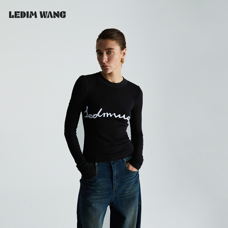 [Celebrity Style] Ledim Wang Embroidered Knitted T-Shirt for Women, New Autumn/Winter Long Sleeve Base Shirt