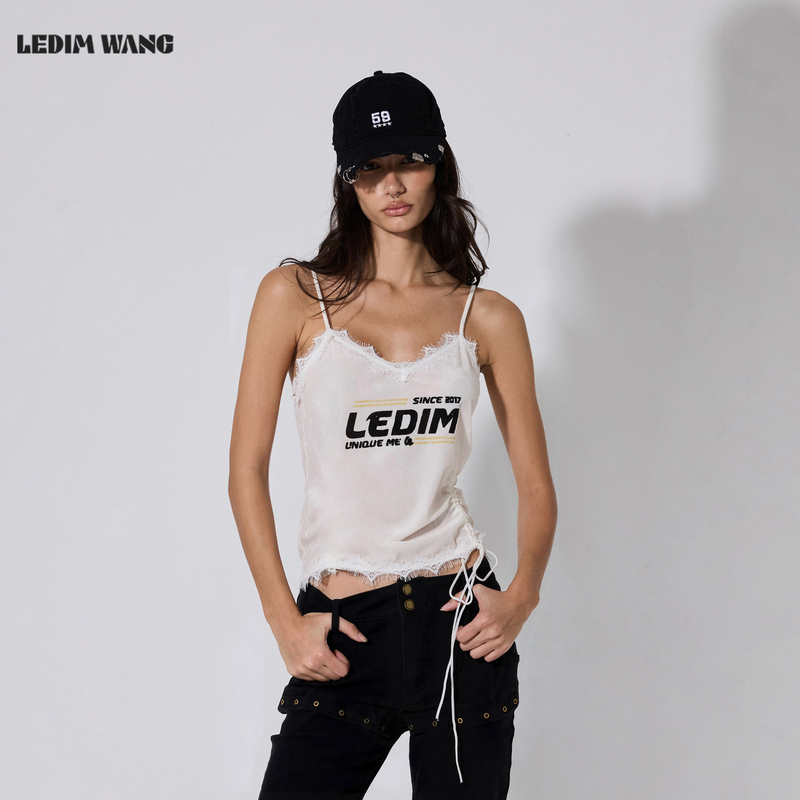 Ledim Wang American-Style Lace Inner Camisole Women's White Printed Slim Velvet Top 26 Autumn New Model