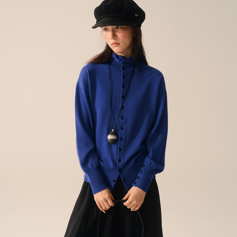 Jevotique 100 High-Count Superfine Wool Placket Button-Down Blue Turtleneck Sweater Knitted Cardigan Jevotique 100 High-Count Superfine Wool Placket Button-Down Blue Turtleneck Sweater Knitted Cardigan