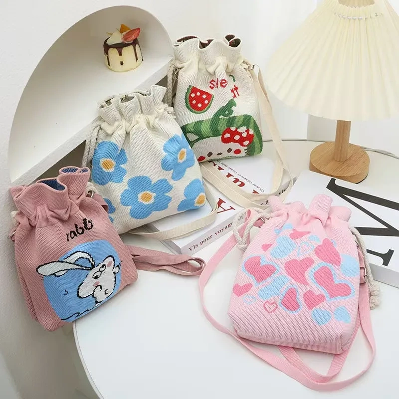 New High-End Drawstring Handle Bag with Trendy Cartoon Patterns, Cute Portable Storage Bag, Shoulder Crossbody Phone Bag