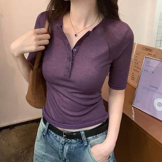 Purple V-neck short-sleeved t-shirt women's summer 2024 new European style slim knitted bottoming shirt black short top