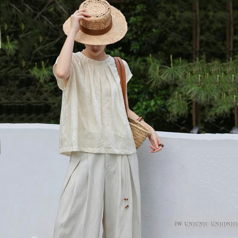 【Enjia】【139】Hollow Embroidery Design Short-Sleeve Pleated Short-Sleeve Top 26618728 【Enjia】【139】Hollow Embroidery Design Short-Sleeve Pleated Short-Sleeve Top 26618728