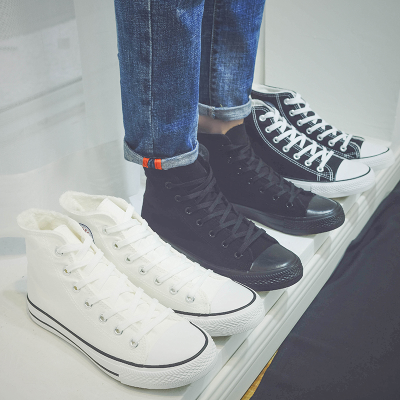 Winter canvas shoes men's plus velvet thick high-barrel skate shoes students Korean version of the wild casual trendy shoes warm cotton shoes cloth shoes