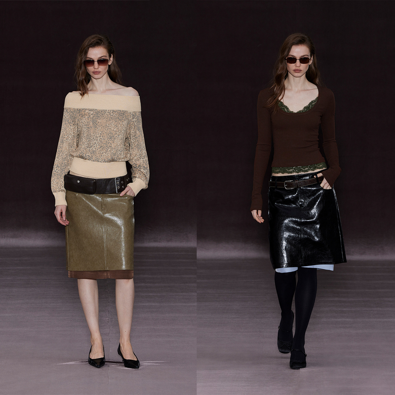 Randpickee丨Retro Series Pants with Contrasting Waistband, Low-Waisted Oil Wax Leather Skirt, Autumn and Winter Women's Skirt