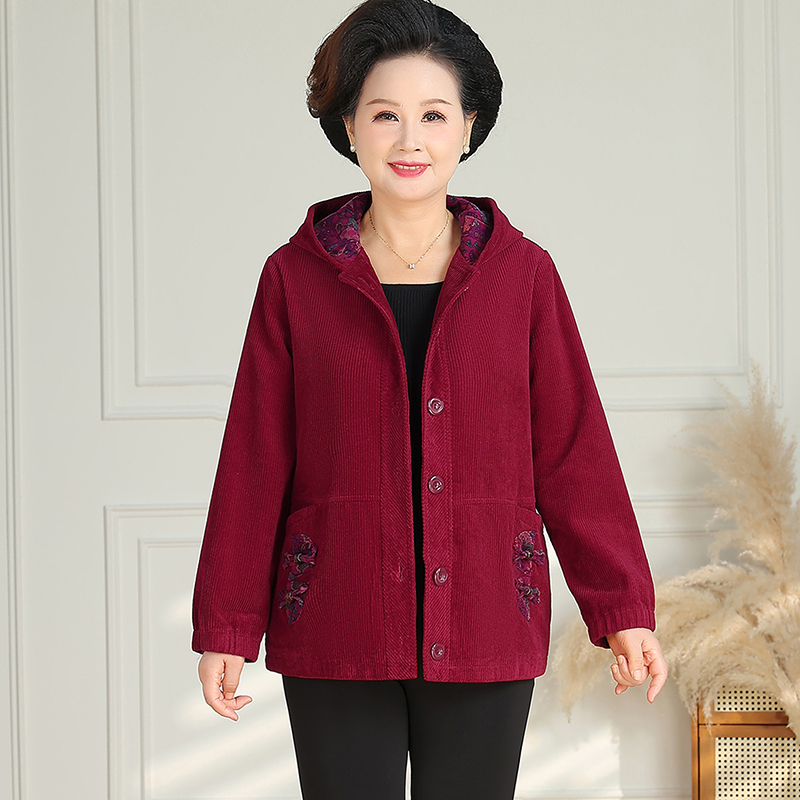 Autumn Corduroy Jacket for Women, Spring and Autumn Cardigan, Pure Cotton Hooded Top, Casual Jacket for Middle-Aged and Elderly Mothers