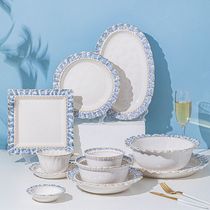 New smoke blue lace French retro light luxury ceramic Western food plate dessert breakfast plate high-looking skirt set