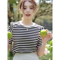 French striped short-sleeved T-shirt for women in summer thin and small loose small flying sleeves round neck top high-end