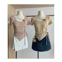 Irregular design drawstring waist knitted short-sleeved T-shirt for women summer temperament slim and chic beautiful top thin