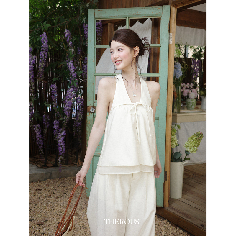 Summer Women's Sleeveless Halter Neck Cotton and Linen Top with Backless Design and Straight-Leg Loose Slimming Casual Pants Set