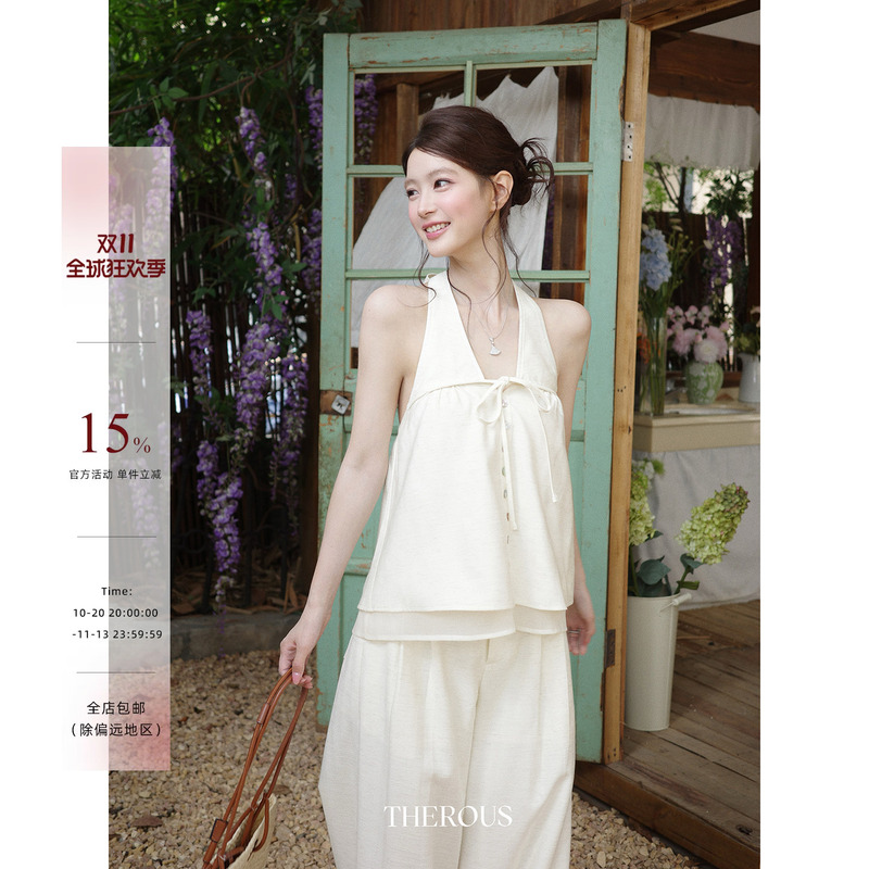 Summer Women's Sleeveless Halter Neck Cotton and Linen Top with Backless Design and Straight-Leg Loose Slimming Casual Pants Set