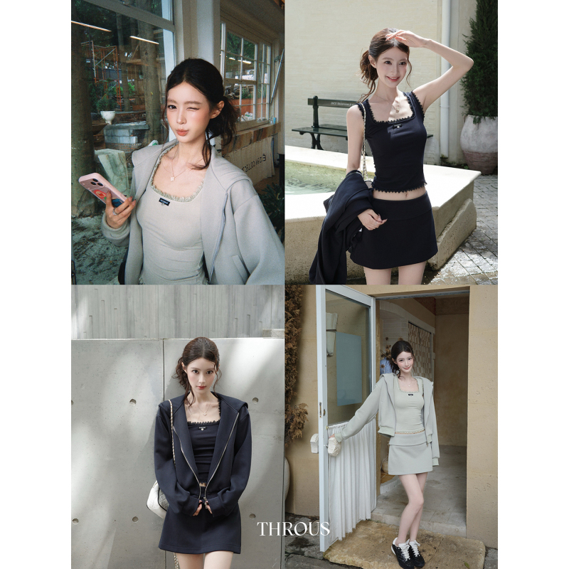 Xie Bu Rou Lace Square-Neck Slim-Fit Short Vest Hooded Loose Casual Sweatshirt Cardigan A-Line Short Skirt Set Xie Bu Rou Lace Square-Neck Slim-Fit Short Vest Hooded Loose Casual Sweatshirt Cardigan A-Line Short Skirt Set
