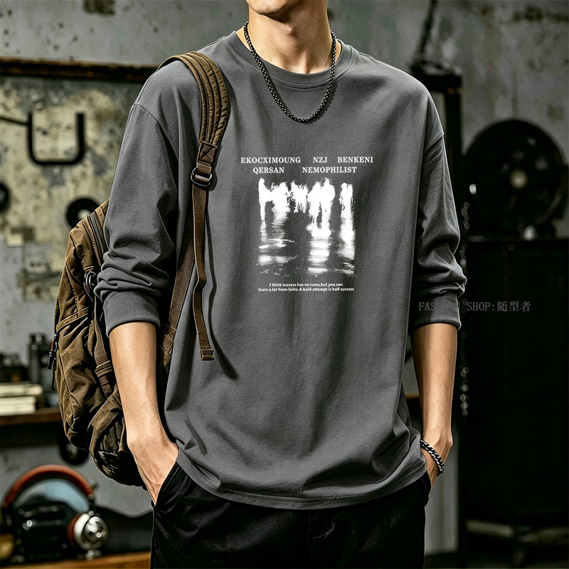 Heavyweight T-Shirt for Men, Pure Cotton, Casual, Loose Fit, Cuffed Long Sleeves, Base Layer Shirt, Spring and Autumn, Lazy Style, Masculine Look, Top