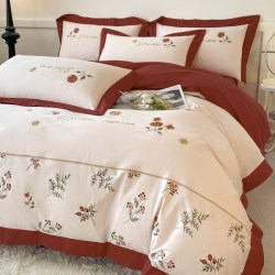 Class a 200-Count Xinjiang Long-Staple Cotton Four-Piece Set, All-Cotton Floral Embroidery Duvet Cover, Pure Cotton Red Bedding