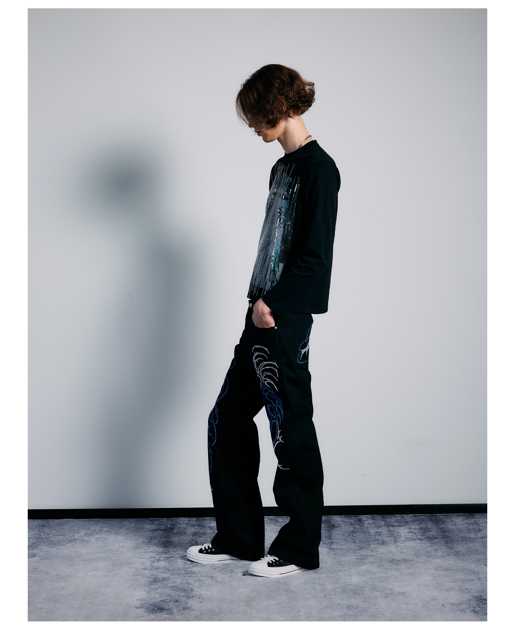PAIKI Ice Blue Thorn Embroidered 13oz Straight-Leg Jeans