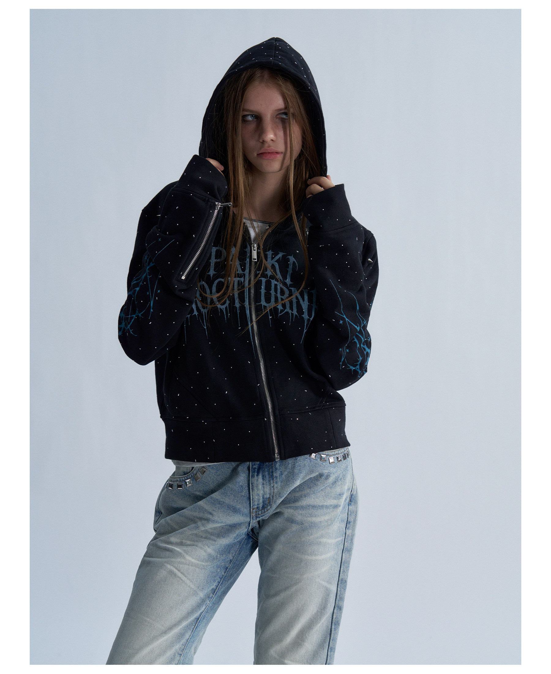 PAIKI Starry Sky Thorn Rhinestone Zip-Up Sweatshirt