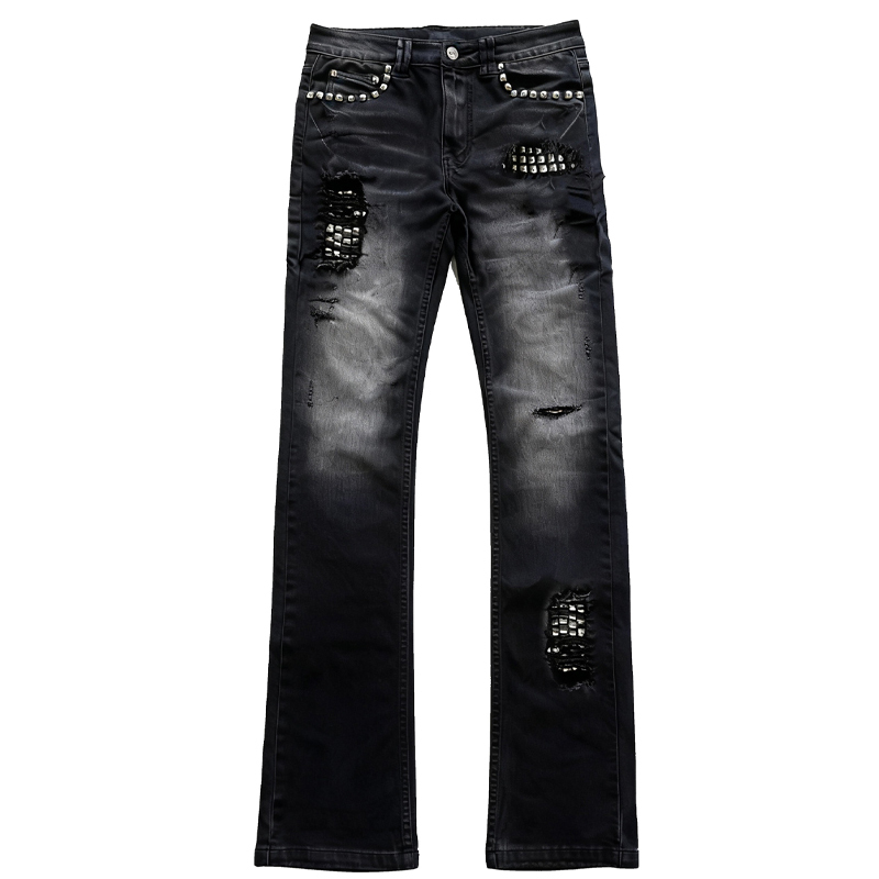 Paiki Virgin Distressed Rivet Hole Washed Vintage Slim Fit Slightly Stretchy Jeans Visual Light Subculture Unisex