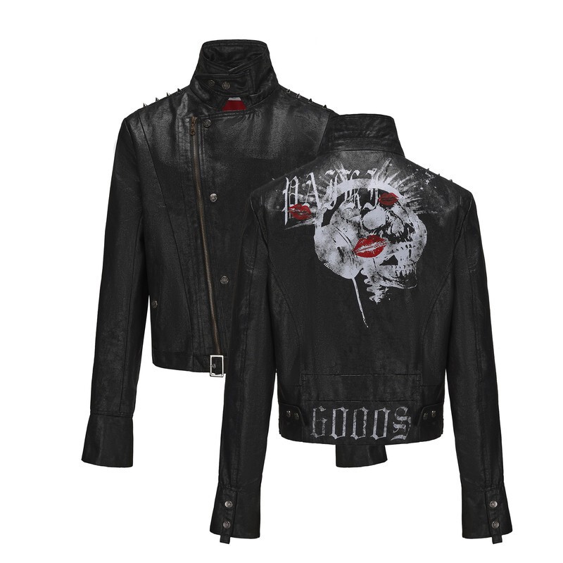 Paiki'Peace Chant' Kiss Mark Skull Headphone Leather Jacket Washed Visual Style Short Wide Autumn Winter Coat