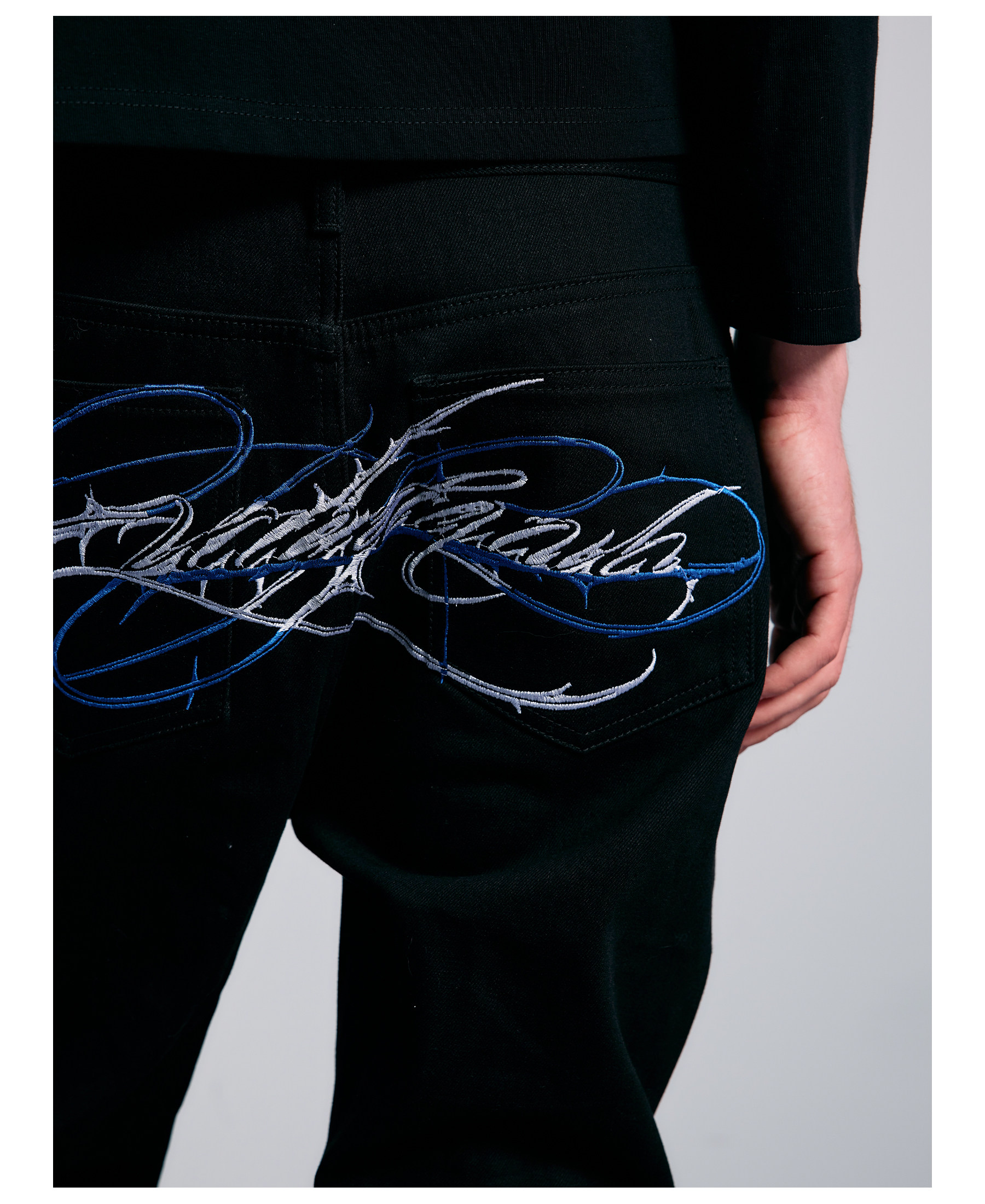 PAIKI Ice Blue Thorn Embroidered 13oz Straight-Leg Jeans