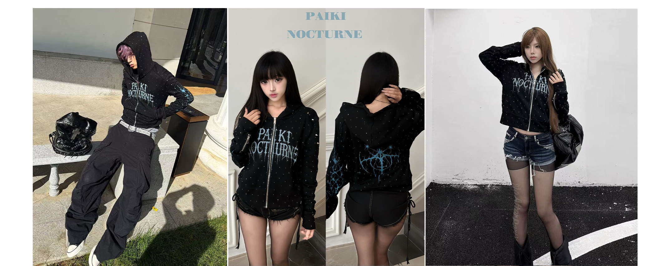 PAIKI Starry Sky Thorn Rhinestone Zip-Up Sweatshirt