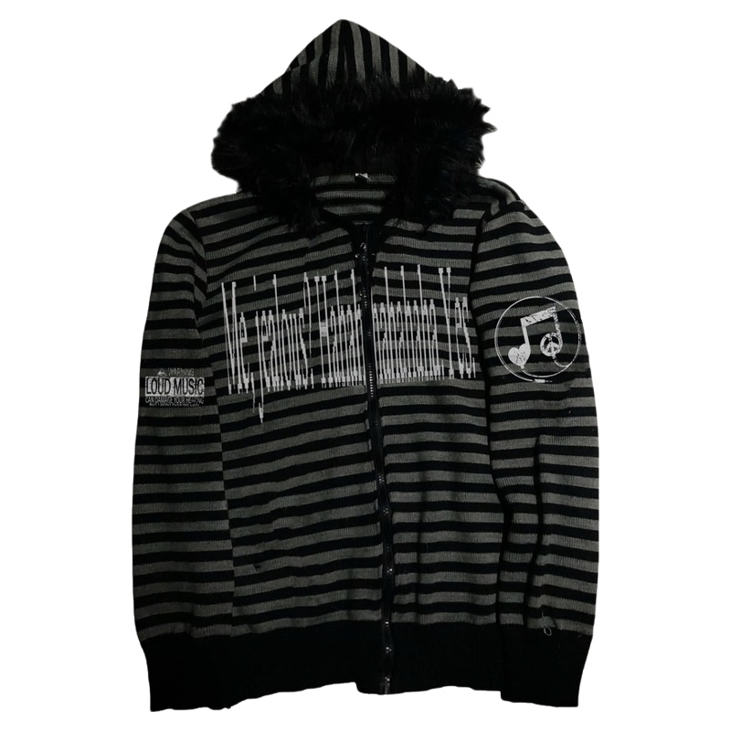 Paiki'Prelude to Cyrus' Music Antidote Black and Gray Striped Fur Collar Cardigan Knit Sweater Hoodie for Men Paiki'Prelude to Cyrus' Music Antidote Black and Gray Striped Fur Collar Cardigan Knit Sweater Hoodie for Men
