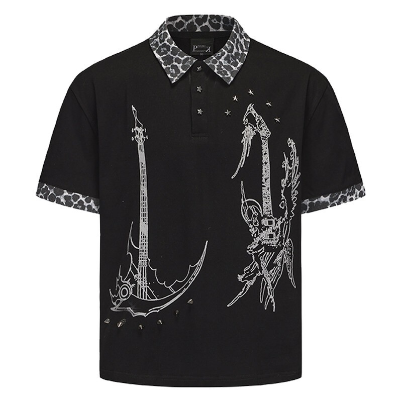 Paiki 2025Ss “Angel Devil” Leopard Print Patchwork Lapel Polo Shirt Casual Style Short-Sleeved Unisex Rivets